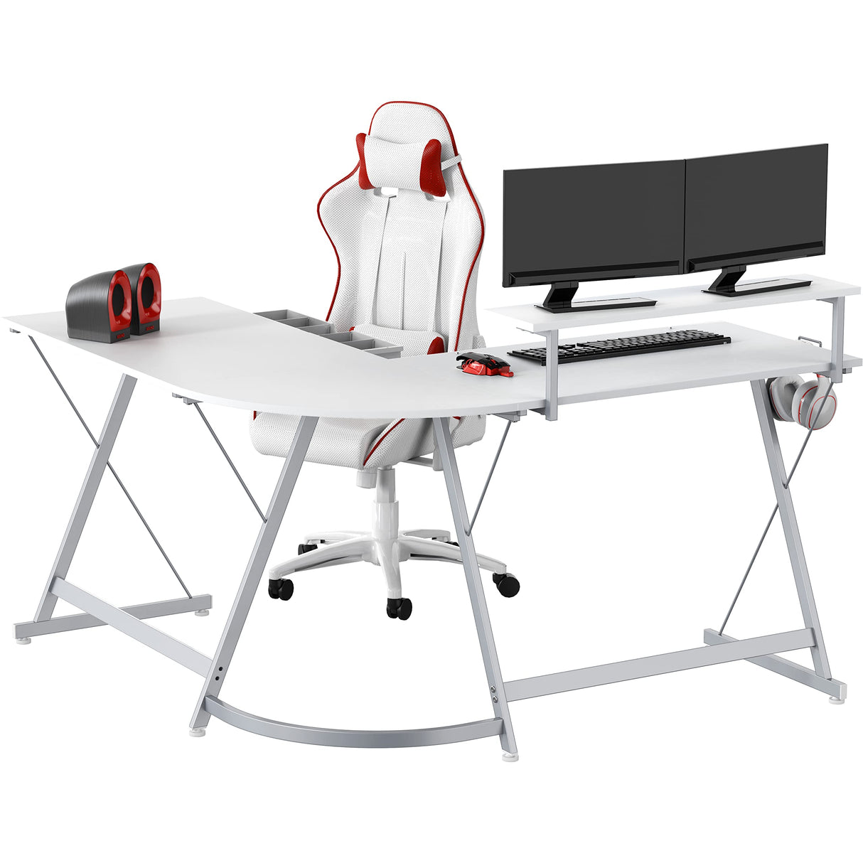 Gaming L-Shaped Computer Desk with Monitor Stand, White