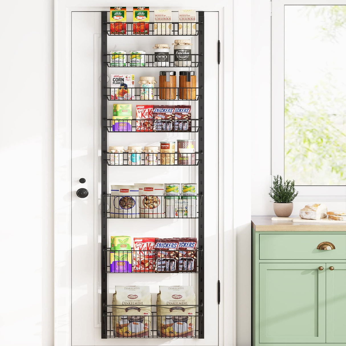 Over the Door Pantry Organizer, 8-Tier Adjustable Baskets Pantry Organization and Storage, Metal Door Shelf with Detachable Frame, Space Saving Hanging Spice Rack for Kitchen Pantry Bathroom