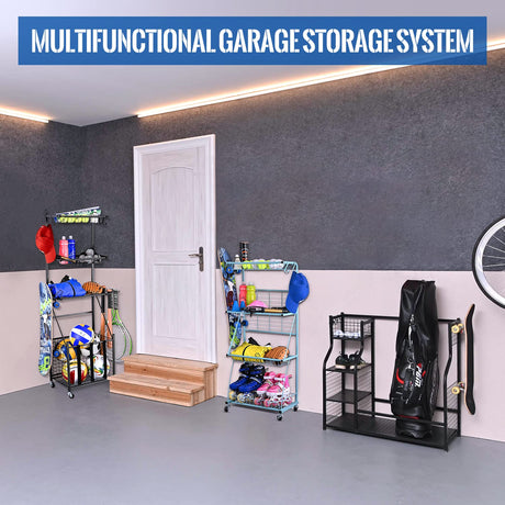 Sports Equipment Storage for Garage, Indoor/Outdoor Sports Rack for Garage, Ball Storage Garage Organizer with Basket and Hooks, Toy/Sports Gear Storage