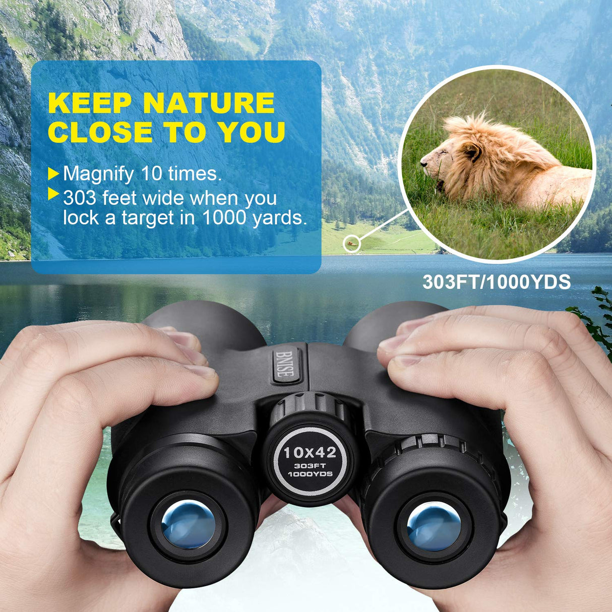 Binoculars for Adults, 10X42 Roof Prism Low Light Vision Lightweight Compact Binocular for Bird Watching, Hunting, Traveling, Stargazing with Lens Caps, Neck Strap and Carrying Bag