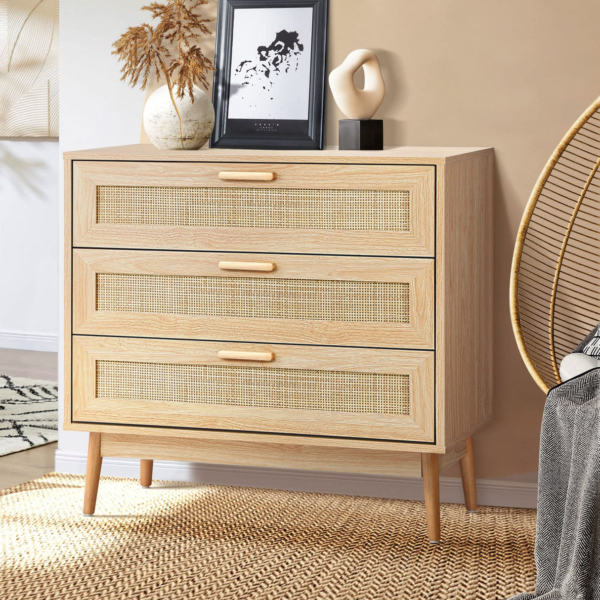 Rattan Chest of Drawers Sideboard Tallboy Floor Storage Cabinets Hallway Table with 3 Drawer Clothes Cupboard Shelf Bedroom Furniture