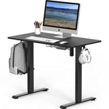 SHW Small Electric Height Adjustable Sit Stand Desk with Hanging Hooks and Cable Management, 40 x 22 Inches, Black Frame and Black Top