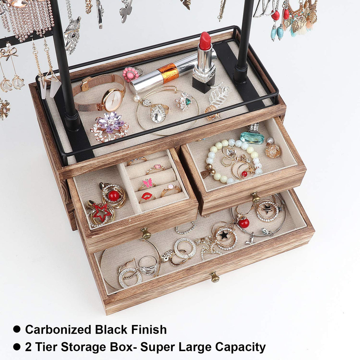 Jewelry Organizer - 2 Layer Wooden Jewelry Drawer Storage Box with 6 Tier Jewelry Tree Stand, Jewelry Display for Necklaces Bracelet Earring Ring (Carbonized Black)