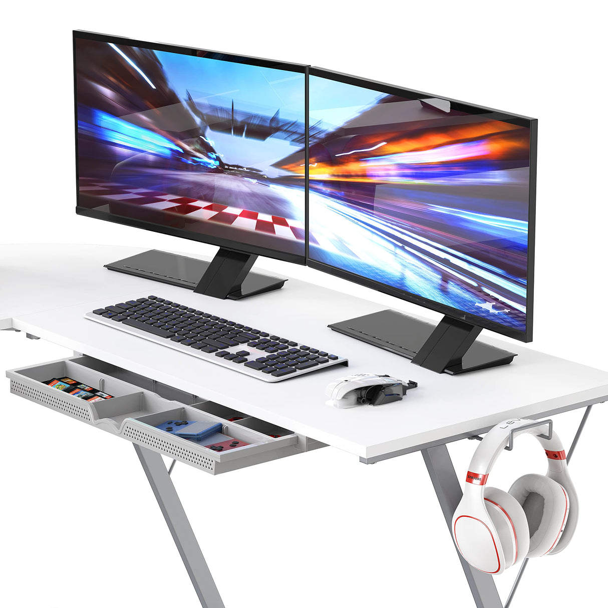 Gaming L-Shaped Computer Desk with Monitor Stand, White