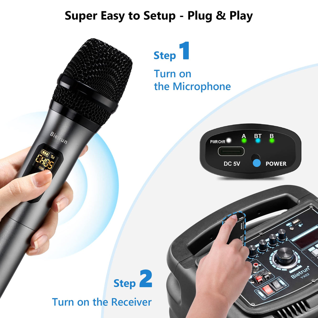 Wireless Microphone with Bluetooth, Professional UHF Dual Handheld Dynamic Metal Mic System Set with Rechargeable Receiver, 160 ft Range, 1/4''Output, for Karaoke Machine, Singing, Amp, PA Speaker