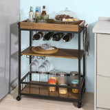 Industrial Vintage Style Wood Metal 3 Tiers Kitchen Serving Trolley with Wine Rack