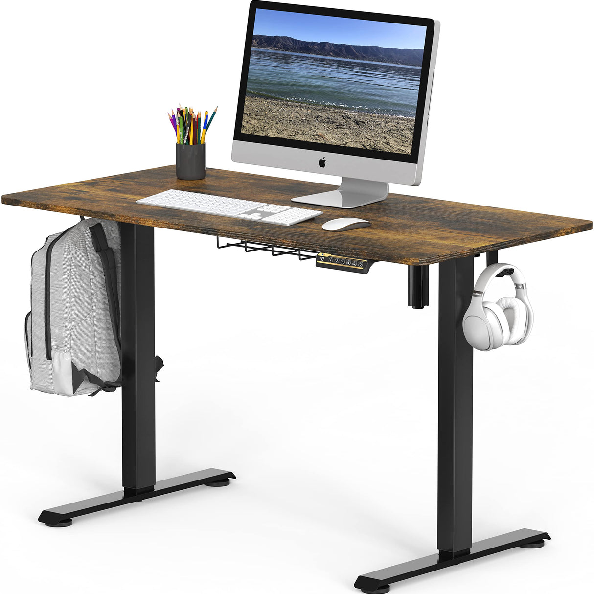 Small Electric Height Adjustable Sit Stand Desk with Hanging Hooks and Cable Management, 40 x 22 Inches, Black Frame and Rustic Brown Top