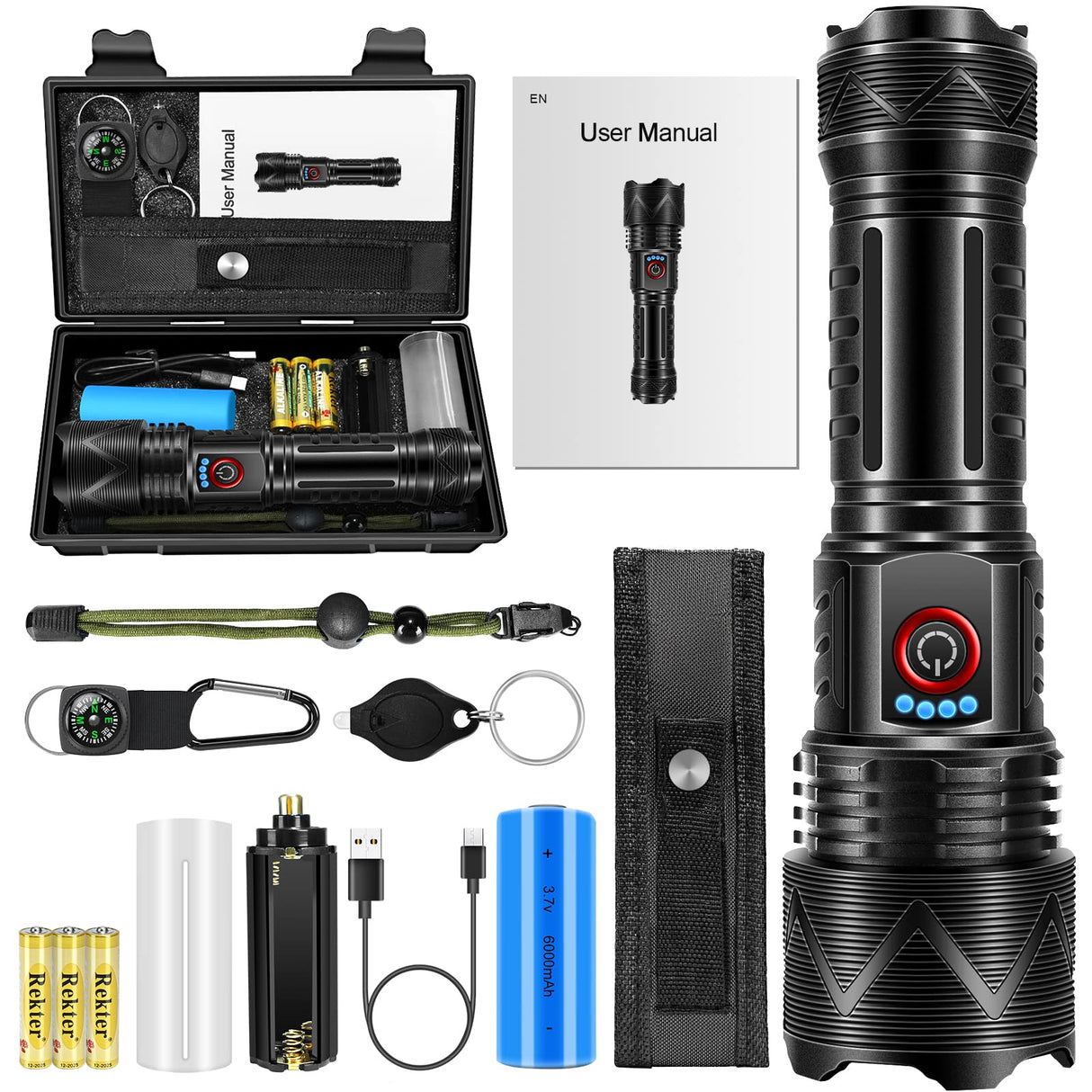 LED Flashlight 10000 High Lumen Flashlight 6000 mAh USB Rechargeable Flashlight XHP70.2 Super Bright Flashlight IP67 Waterproof Zoomable Tactical Flashlight with 5 Lighting Modes for Emergency Camping Hiking