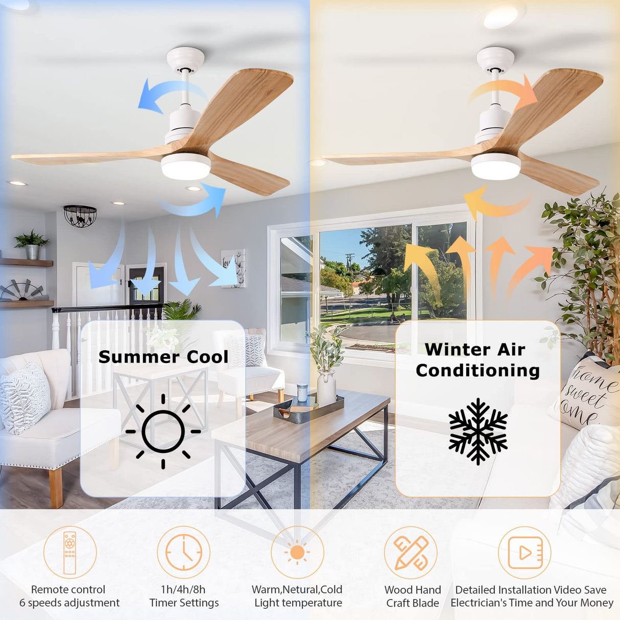 52" Ceiling Fan with Lights Remote Control, DC Motor Outdoor LED Modern Smart Ceiling Fans, Wood Walnut Blades, Noiseless Reversible 6-Speed Motor for Bedroom, Garage, Patios, Kitchen, Farmhouse