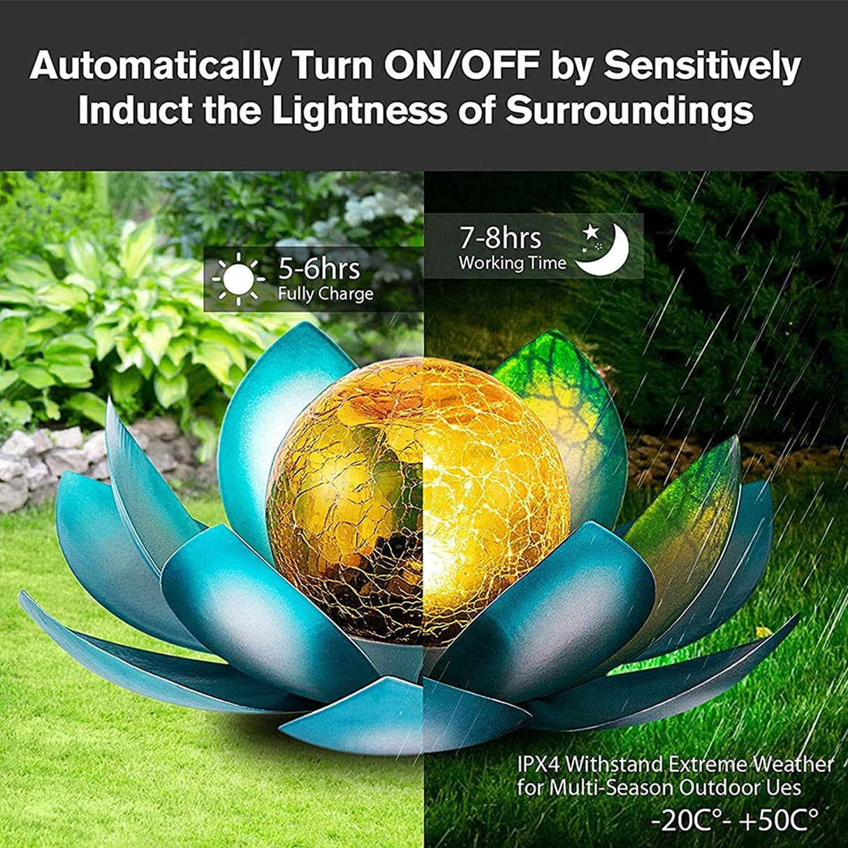 Solar Lights Outdoor Garden, Crackle Globe Glass Lotus Decoration, Waterproof LED Metal Flower Lights for Patio,Lawn,Walkway,Tabletop,Ground