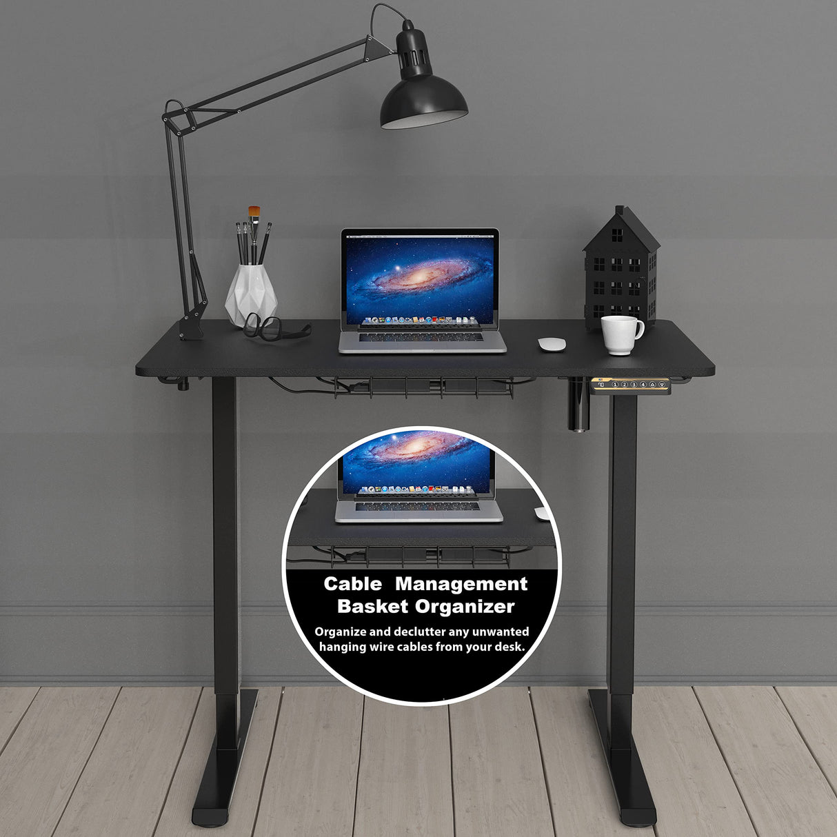 SHW Small Electric Height Adjustable Sit Stand Desk with Hanging Hooks and Cable Management, 40 x 22 Inches, Black Frame and Black Top