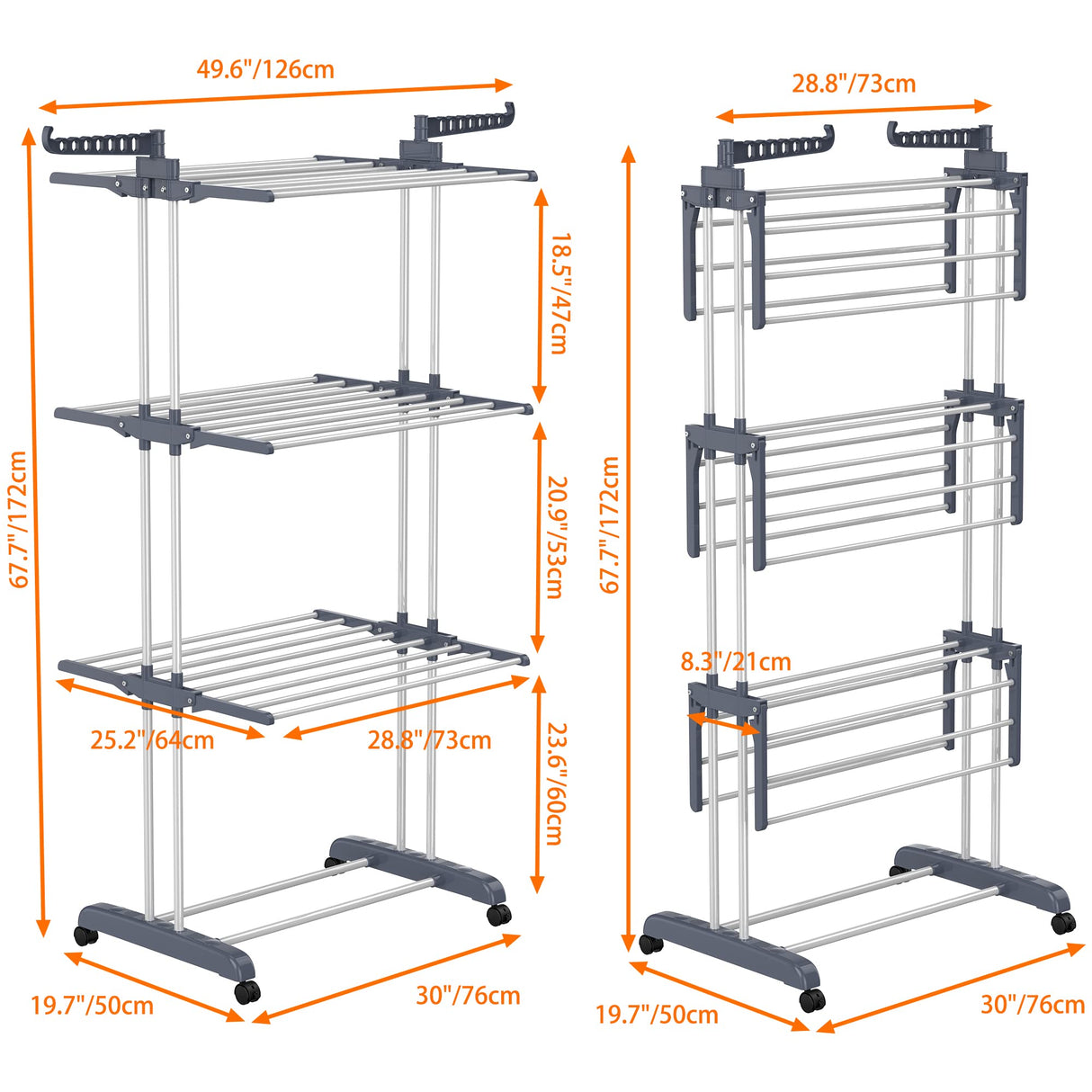 Clothes Drying Rack, Oversized 4-Tier(67.7" High) Foldable Stainless Steel Drying Rack Clothing, Movable Drying Rack with 4 castors, 24 Drying Poles & 14 Hooks for Bed Linen, Clothing, Grey