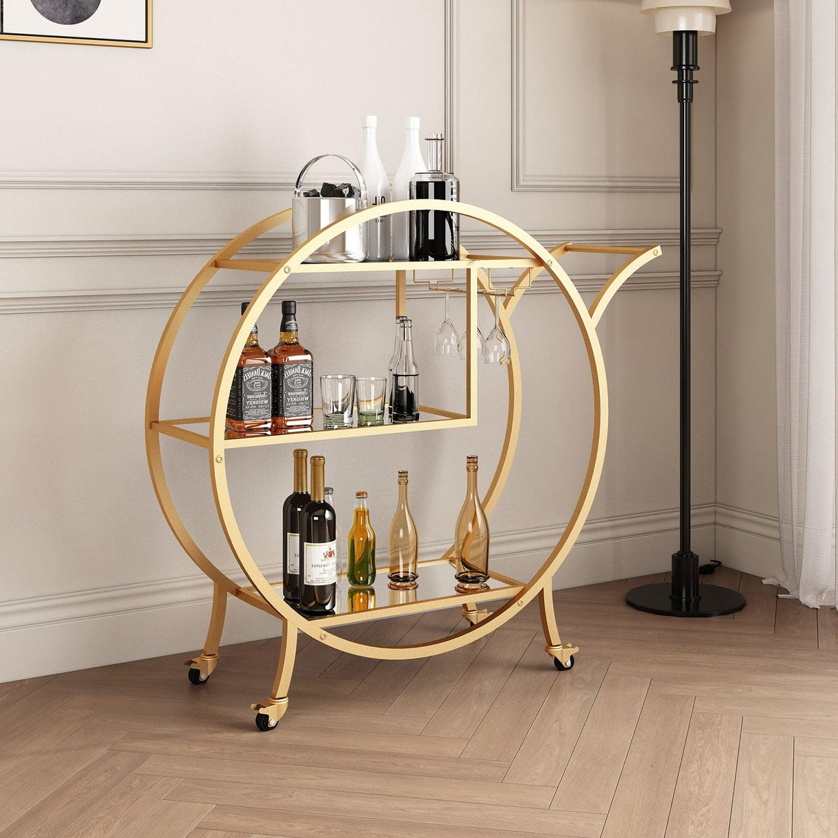 Round Bar Cart Glass Home Bar Serving Cart Drinks Wine Kitchen Serving Trolley with 3 Mirror Shelves & Glass Holder Gold