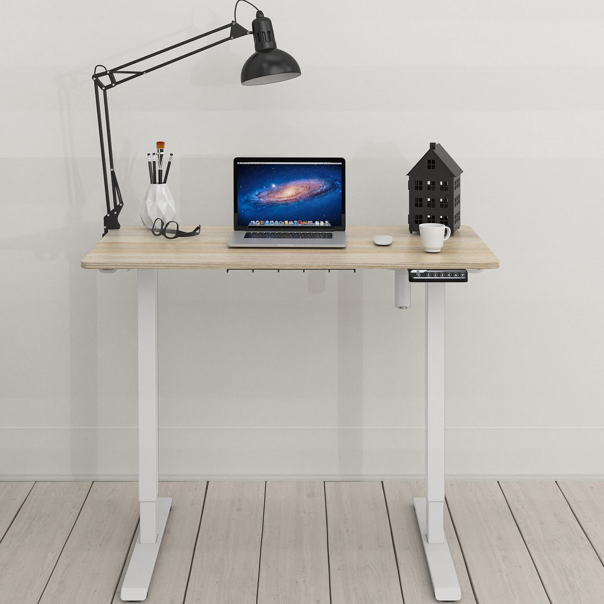 Height Adjustable Electric Standing Desk, 40 x 22 Inches Stand up Table, Ergonomic Home Office Desk with Memory Controller, White Frame and Maple Top