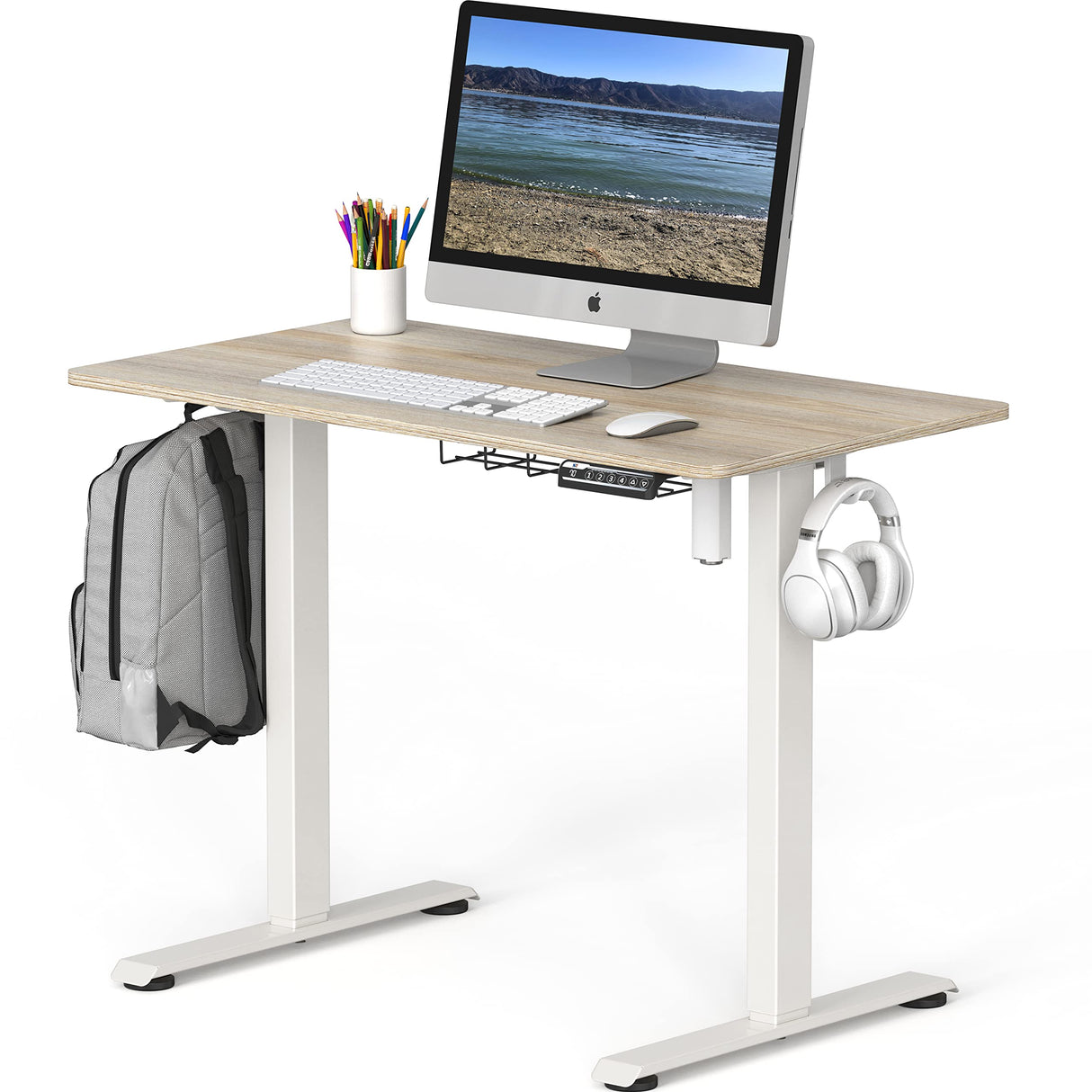 Height Adjustable Electric Standing Desk, 40 x 22 Inches Stand up Table, Ergonomic Home Office Desk with Memory Controller, White Frame and Maple Top