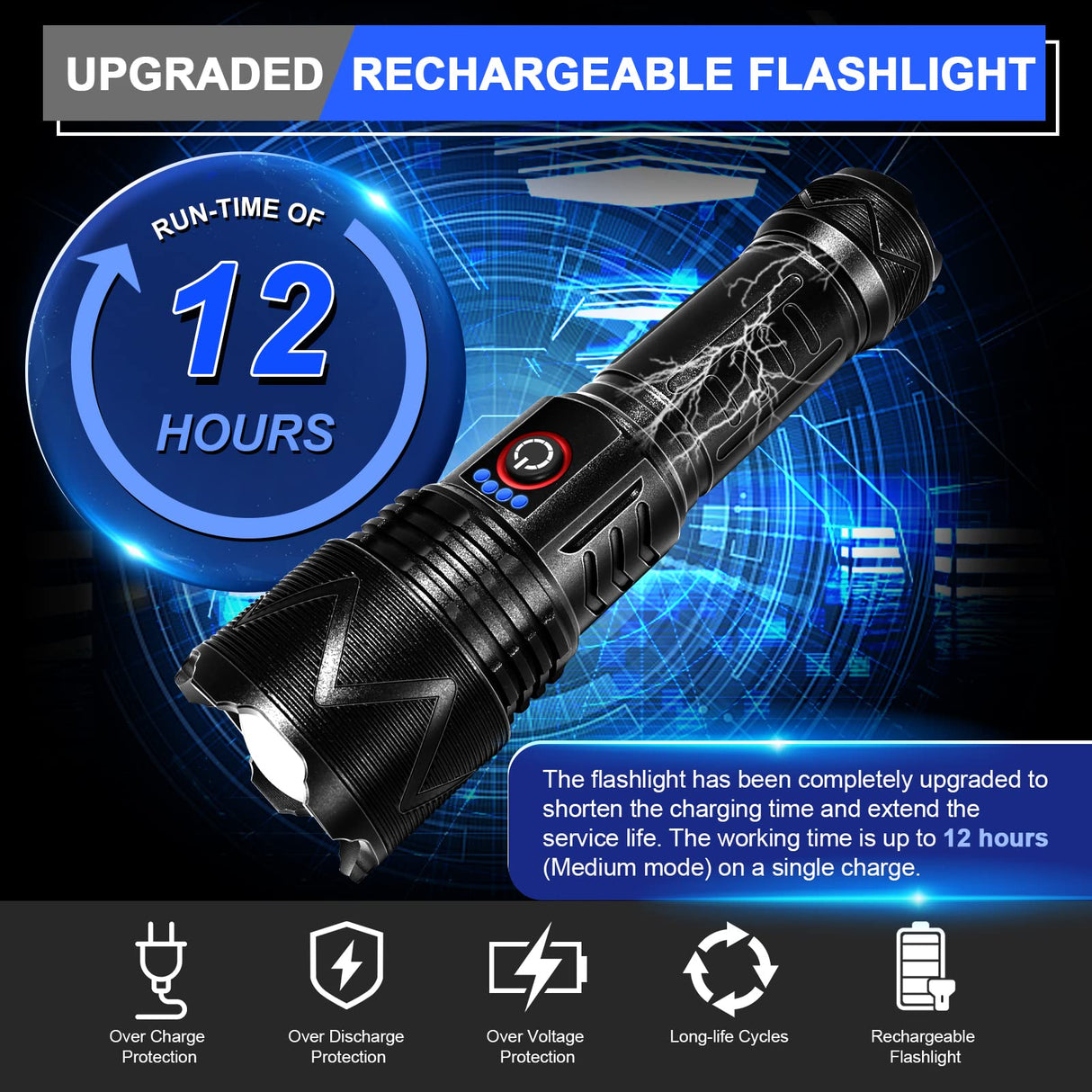 LED Flashlight 10000 High Lumen Flashlight 6000 mAh USB Rechargeable Flashlight XHP70.2 Super Bright Flashlight IP67 Waterproof Zoomable Tactical Flashlight with 5 Lighting Modes for Emergency Camping Hiking