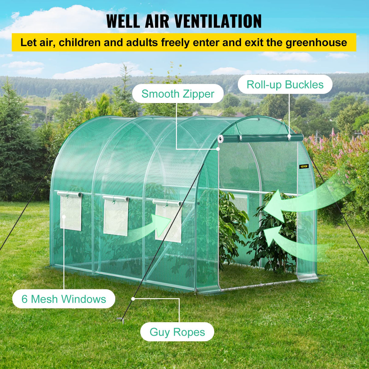 Walk-in Tunnel Greenhouse, 3 x 2.1 x 2.1 m, Portable Plant Hot House with Galvanised Steel Frame, 1 Top Bar, Diagonal Poles, Zipper Door and 6 Roll-Up Windows, Green