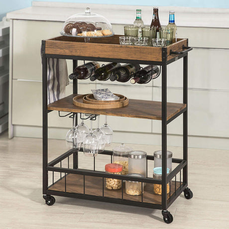 Industrial Vintage Style Wood Metal 3 Tiers Kitchen Serving Trolley with Wine Rack