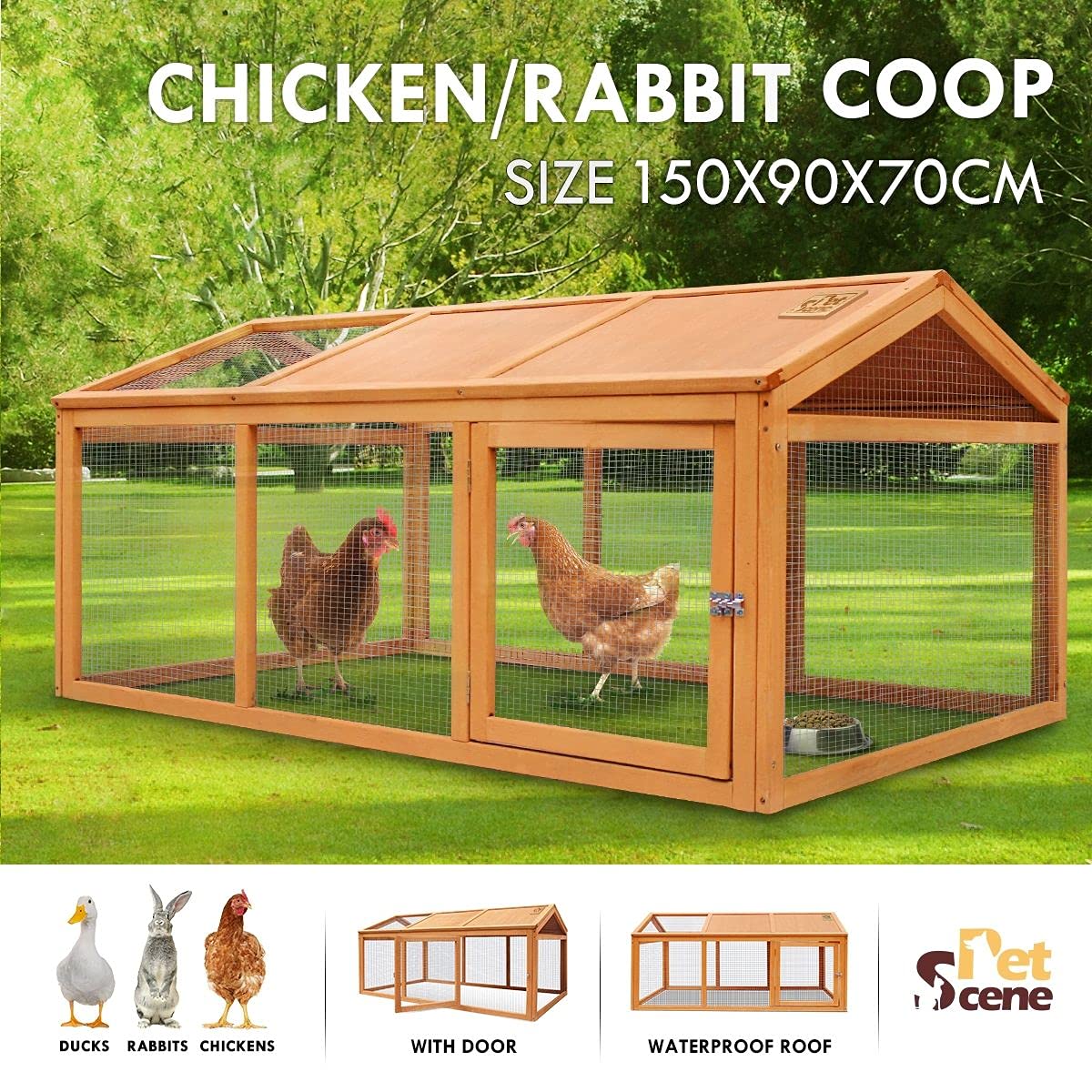 Pet Scene Rabbit Cage Wooden Chicken Coop Hutch Cage Small Animal Cage Outdoor Enclosures 150x90x70cm