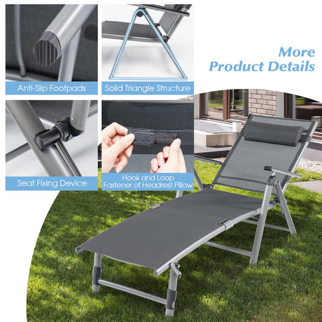 Patio Lounge Chair, Rustproof Aluminum Chaise Lounge Chair with 8-Position Adjustable Backrest, 2-postion Footrest, Comfortable Headrest, Outdoor Folding Reclining Chair for Outside