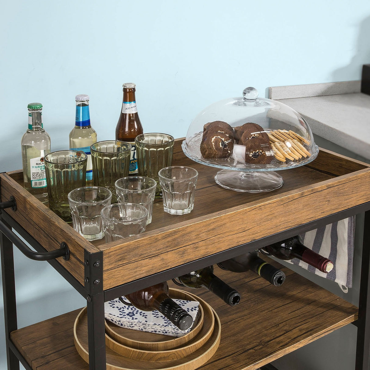 Industrial Vintage Style Wood Metal 3 Tiers Kitchen Serving Trolley with Wine Rack