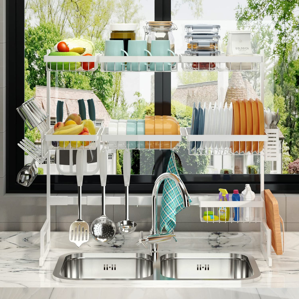 Adjustable Dish Drying Rack Over Sink (33"-45") 3 Tier, 2 Cutlery Holders Large Drainer for Kitchen Storage Counter Organization, Stainless Steel Dish Rack Display (Sink Size≤44inch, White)