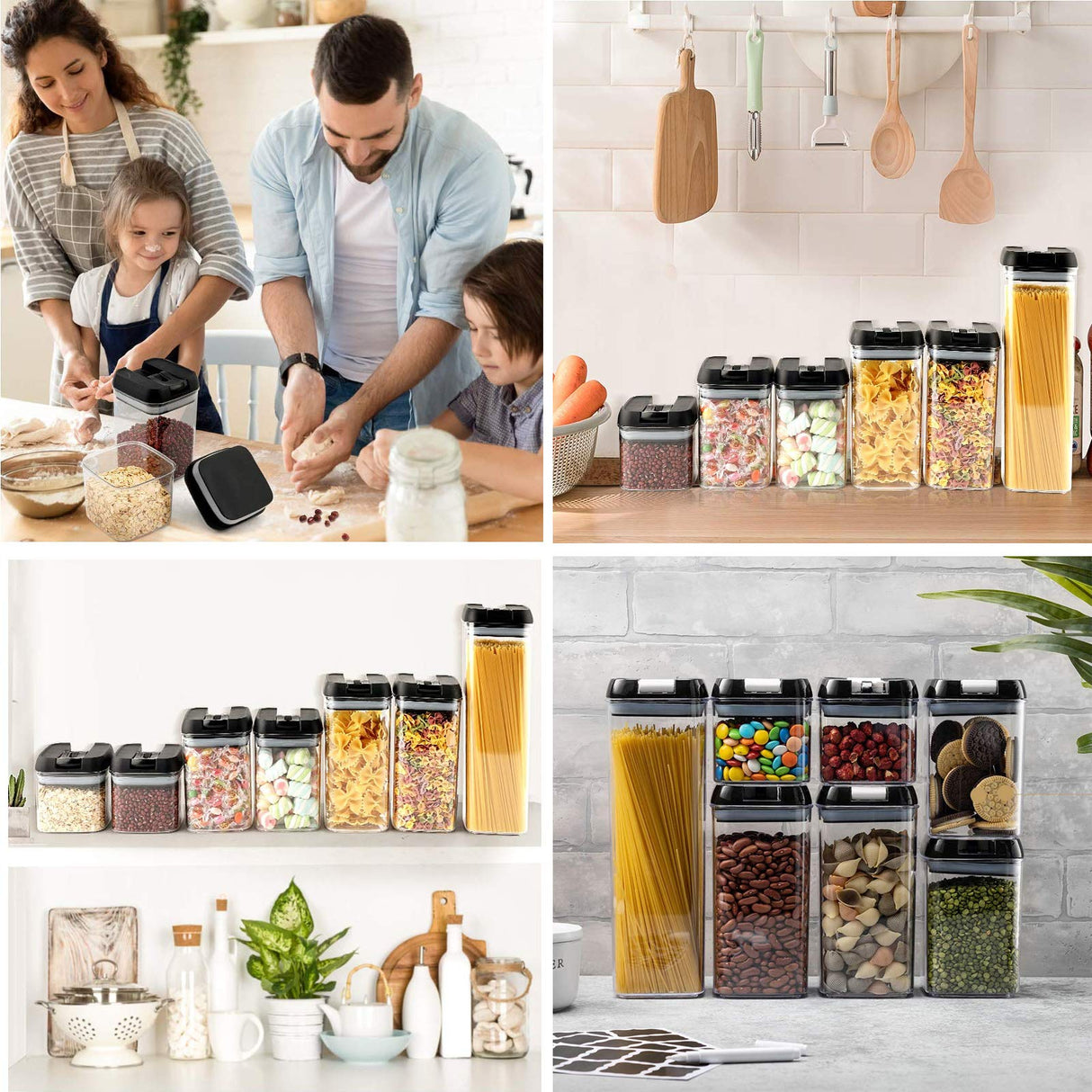 Airtight Food Storage Container Set，7 Pieces BPA Free Plastic Kitchen Organization and Storage with Easy Lock Black Lids Labels/Spoons/Pen，for Dry Food, Flour, Sugar, Pasta, Cereal