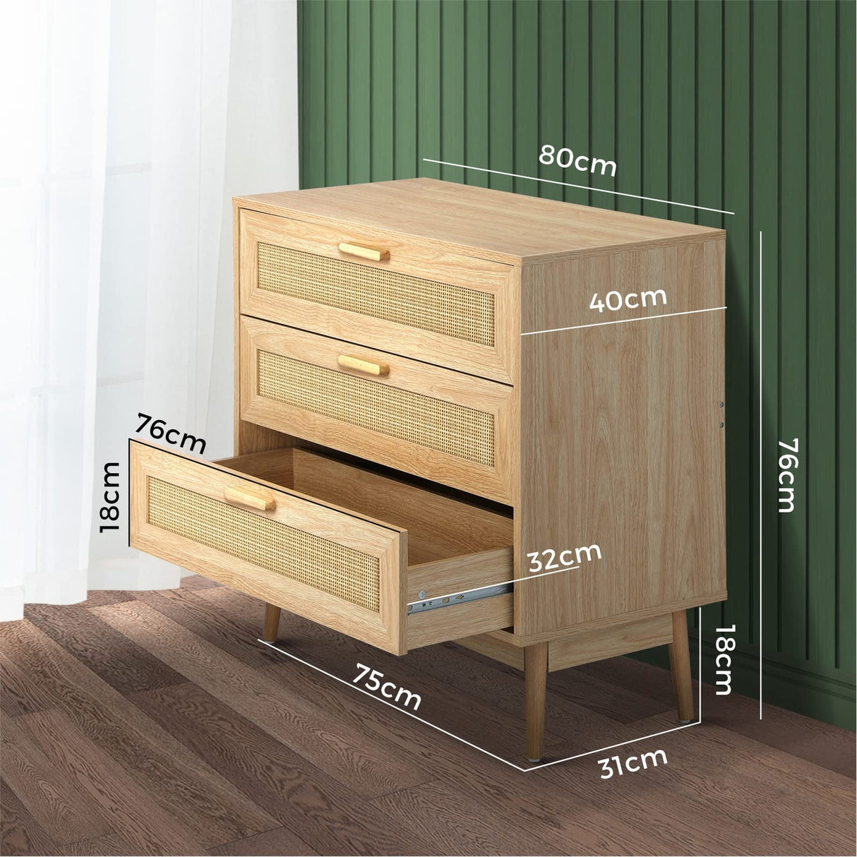 Rattan Chest of Drawers Sideboard Tallboy Floor Storage Cabinets Hallway Table with 3 Drawer Clothes Cupboard Shelf Bedroom Furniture