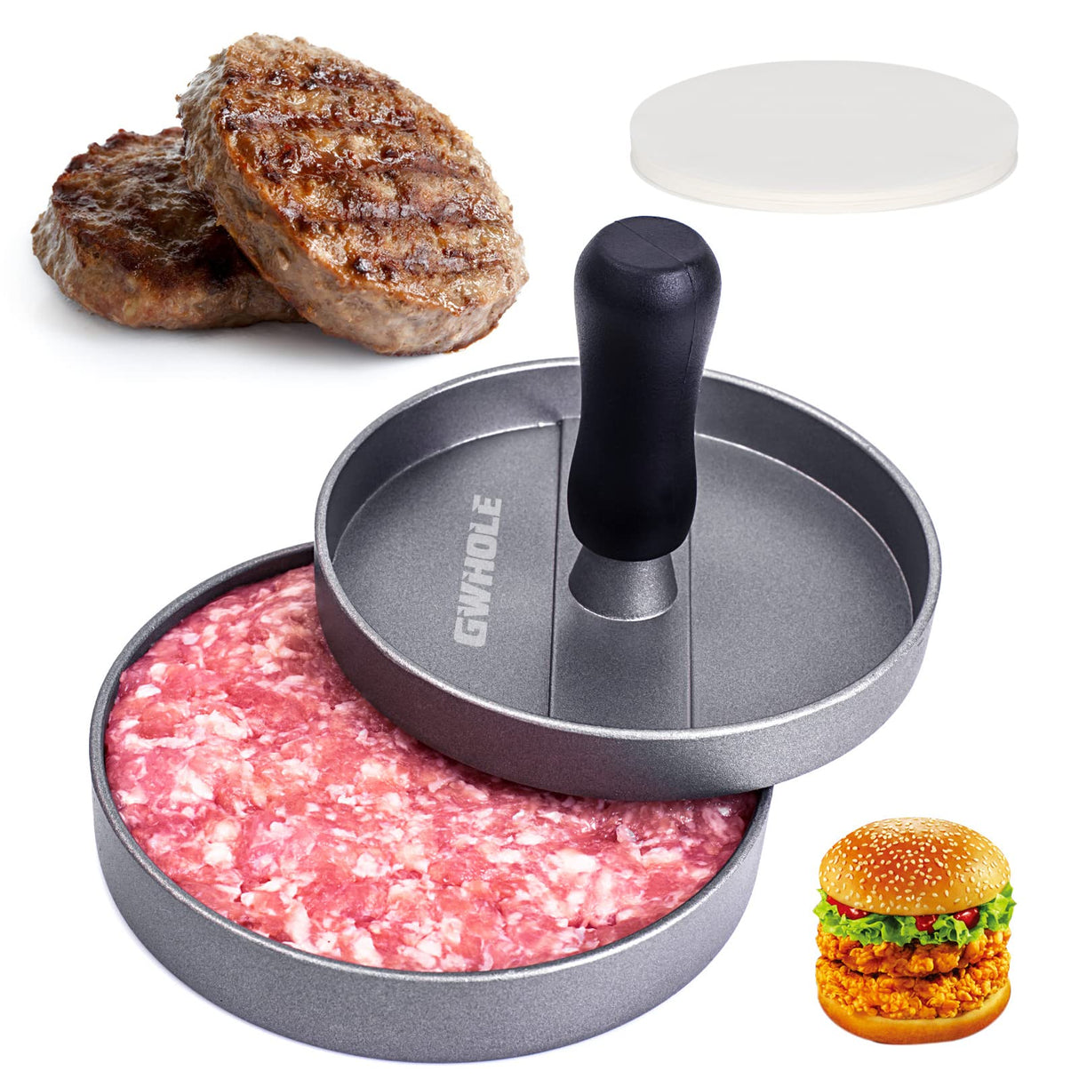 Burger Press, Non-Stick Burger Press Aluminum Hamburger Patty Maker with 100 Wax Papers for BBQ Grill