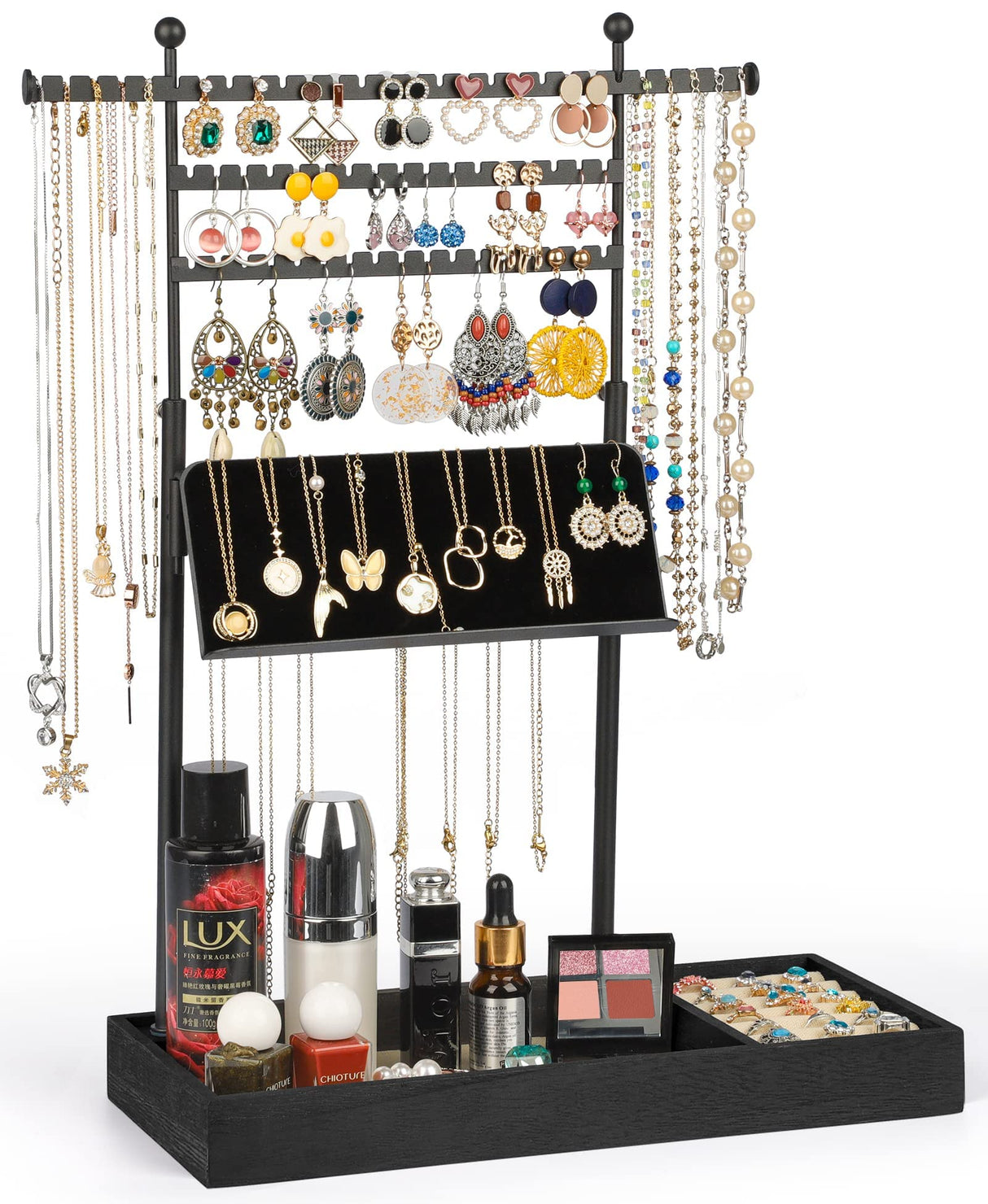 Jewelry Organizer Stand, Jewelry Stand with Necklace Display Holder 3 Tier Earring Organizer Rustic Base Tray with Ring Stand Necklace Stand Tower for Women Girls Gift