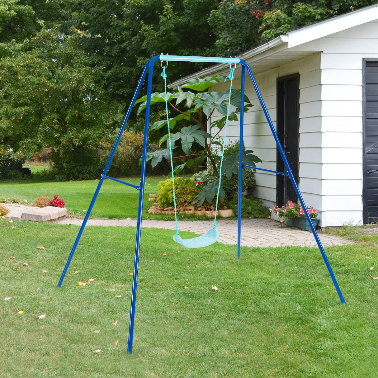 Kids Swing Set, A-Frame Swing Sets for Backyard w/Ground Stakes, Non-Slip Seat, Kids Swing Frame Stand with Swing Seat Great for Indoor Outdoor Garden Playground (Blue)