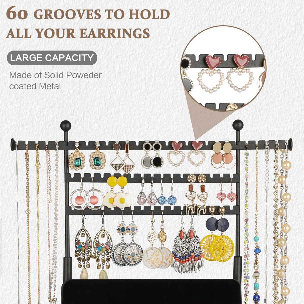 Jewelry Organizer Stand, Jewelry Stand with Necklace Display Holder 3 Tier Earring Organizer Rustic Base Tray with Ring Stand Necklace Stand Tower for Women Girls Gift