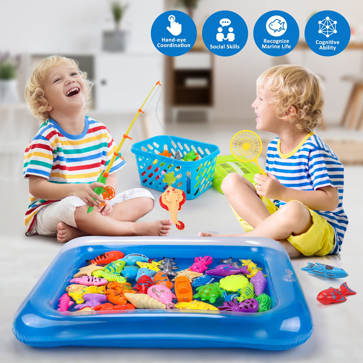 Kid Toys 52PCS Fishing Game,Magnetic Toys with Ocean Sea Animal,Fishing Poles,Nets,Inflatable Pool,Toddlers Bathtub Outdoor Carnival Party Toy,Gifts for Kids 3 4 5 6 Years Old(with Basket)