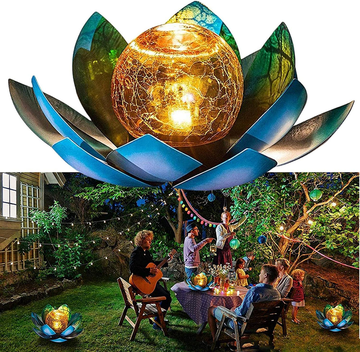 Solar Lights Outdoor Garden, Crackle Globe Glass Lotus Decoration, Waterproof LED Metal Flower Lights for Patio,Lawn,Walkway,Tabletop,Ground