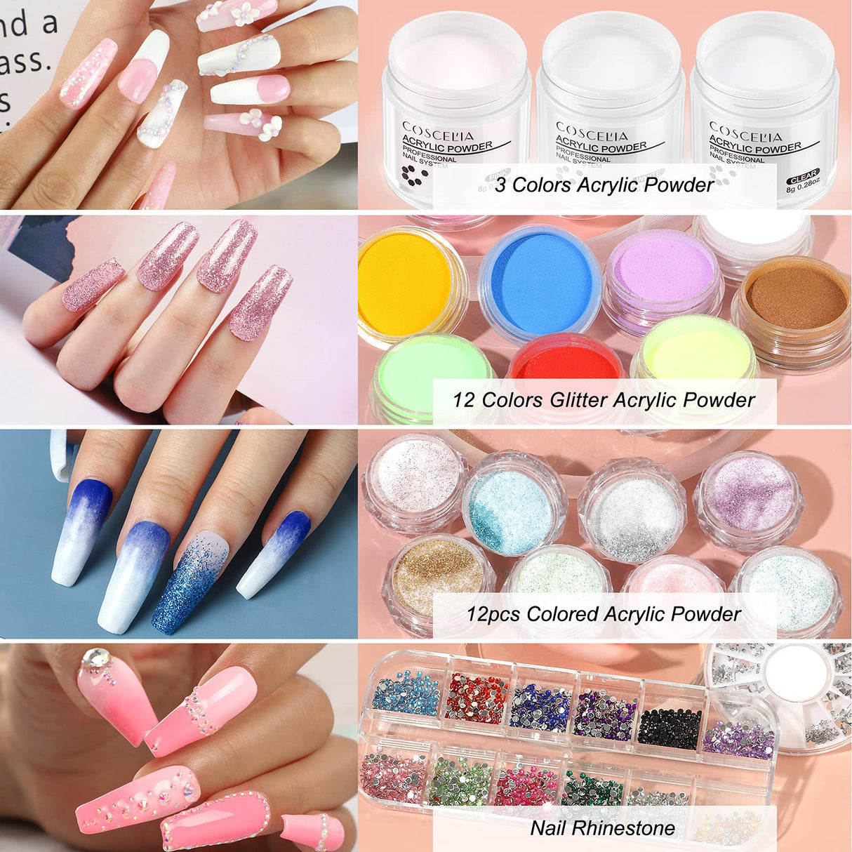 Acrylic Nail Kits Professional,White Pink Clear Acrylic Powder with Liquid Set,Nail Decoration Powder with Nail Rhinestone Nail Brush False Nail Tips for Manicure Builder