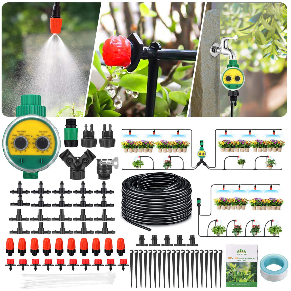 Drip Irrigation Kit 82ft/25M Irrigation System with Timer and Adjustable Shunt Tube Automatic DIY Patio Misting Plant Watering System with Tubing Hose Nozzles Connectors Sprinkler Barbed Fittings