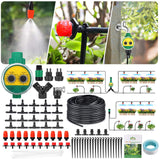 Drip Irrigation Kit 82ft/25M Irrigation System with Timer and Adjustable Shunt Tube Automatic DIY Patio Misting Plant Watering System with Tubing Hose Nozzles Connectors Sprinkler Barbed Fittings