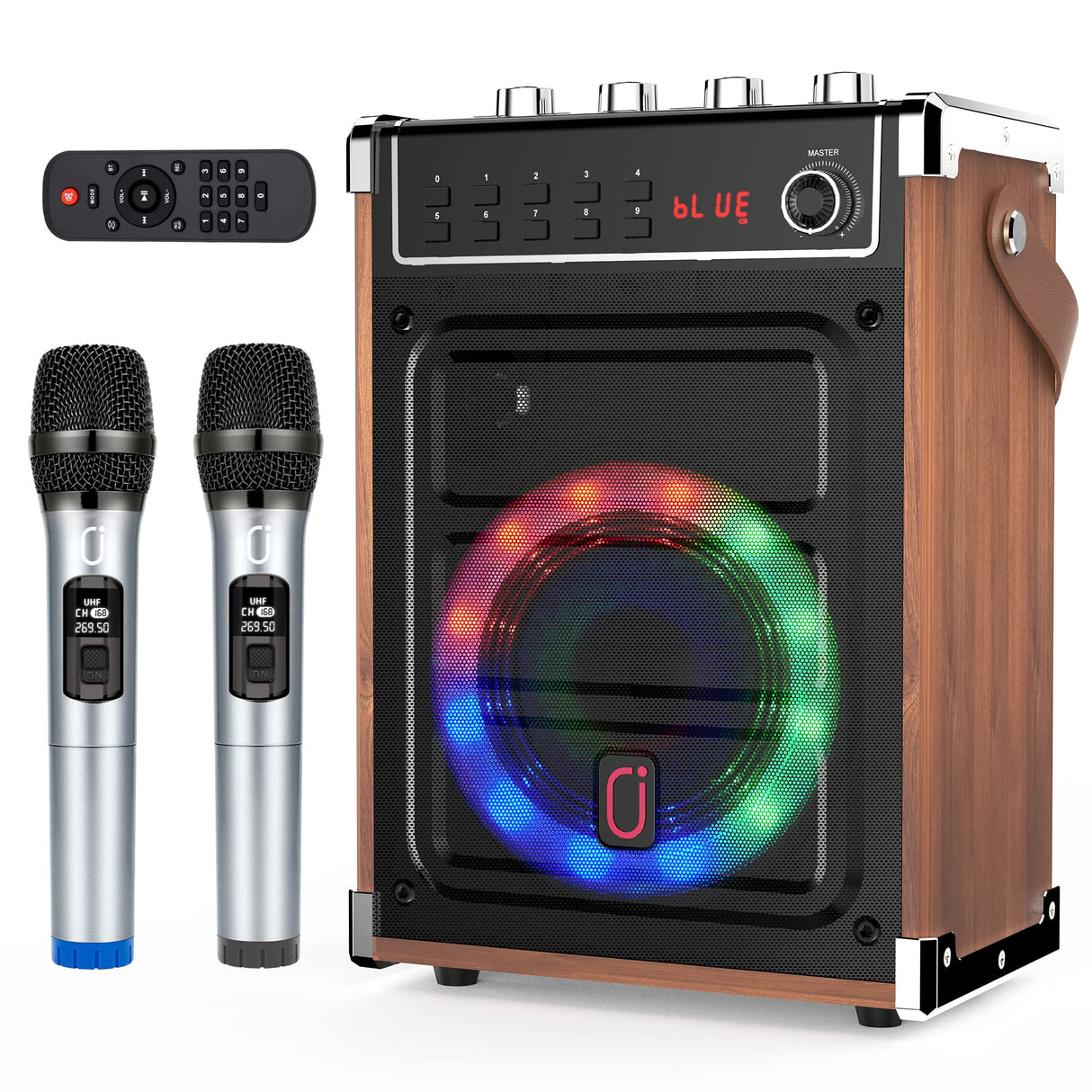 Karaoke Machine with Two Wireless Microphones, Bass/Treble Adjustment and LED Light, Support TWS, AUX In, FM Radio, REC, Supply for Party/Meeting/Wedding - Wood Grain