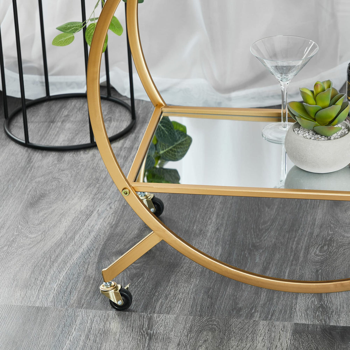 Steel Bar Cart with Glass Rack, Gold