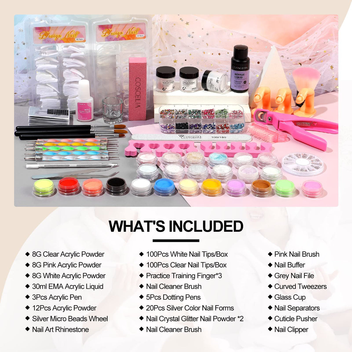 Acrylic Nail Kits Professional,White Pink Clear Acrylic Powder with Liquid Set,Nail Decoration Powder with Nail Rhinestone Nail Brush False Nail Tips for Manicure Builder