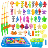 Kid Toys 52PCS Fishing Game,Magnetic Toys with Ocean Sea Animal,Fishing Poles,Nets,Inflatable Pool,Toddlers Bathtub Outdoor Carnival Party Toy,Gifts for Kids 3 4 5 6 Years Old(with Basket)