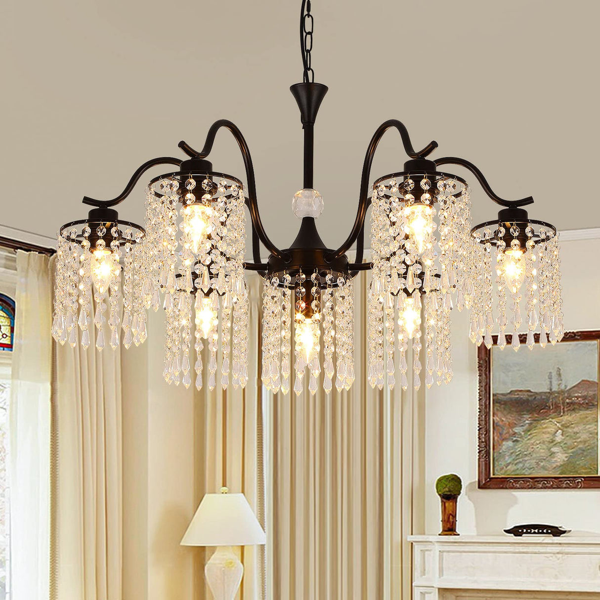 7 Lights Crystal Chandelier, Industrial Farmhouse Chandeliers,Metal Black Pendant Light Dining Room Light Fixture for Kitchen Island Living Room Hallway Bedroom