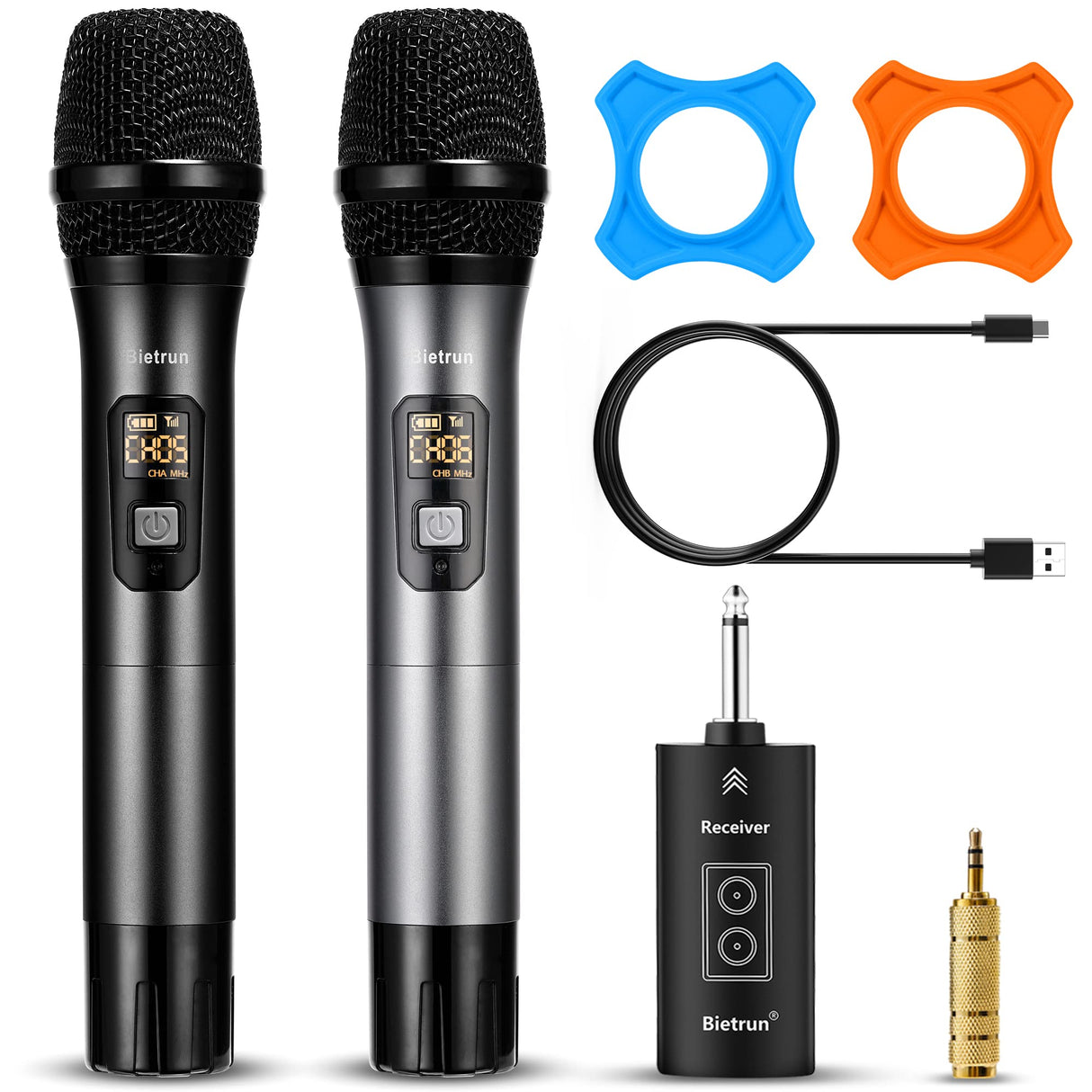 Wireless Microphone with Bluetooth, Professional UHF Dual Handheld Dynamic Metal Mic System Set with Rechargeable Receiver, 160 ft Range, 1/4''Output, for Karaoke Machine, Singing, Amp, PA Speaker