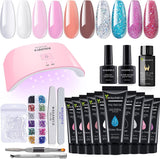 Poly Gel Nail Kit with UV Lamp, 10 Colors 4 Glitter Polly Jell Quick Nail Extension Gel Builder, Easy Professional Poly Nail Gel Kit for Starters and Technician DIY French Ombre Nails