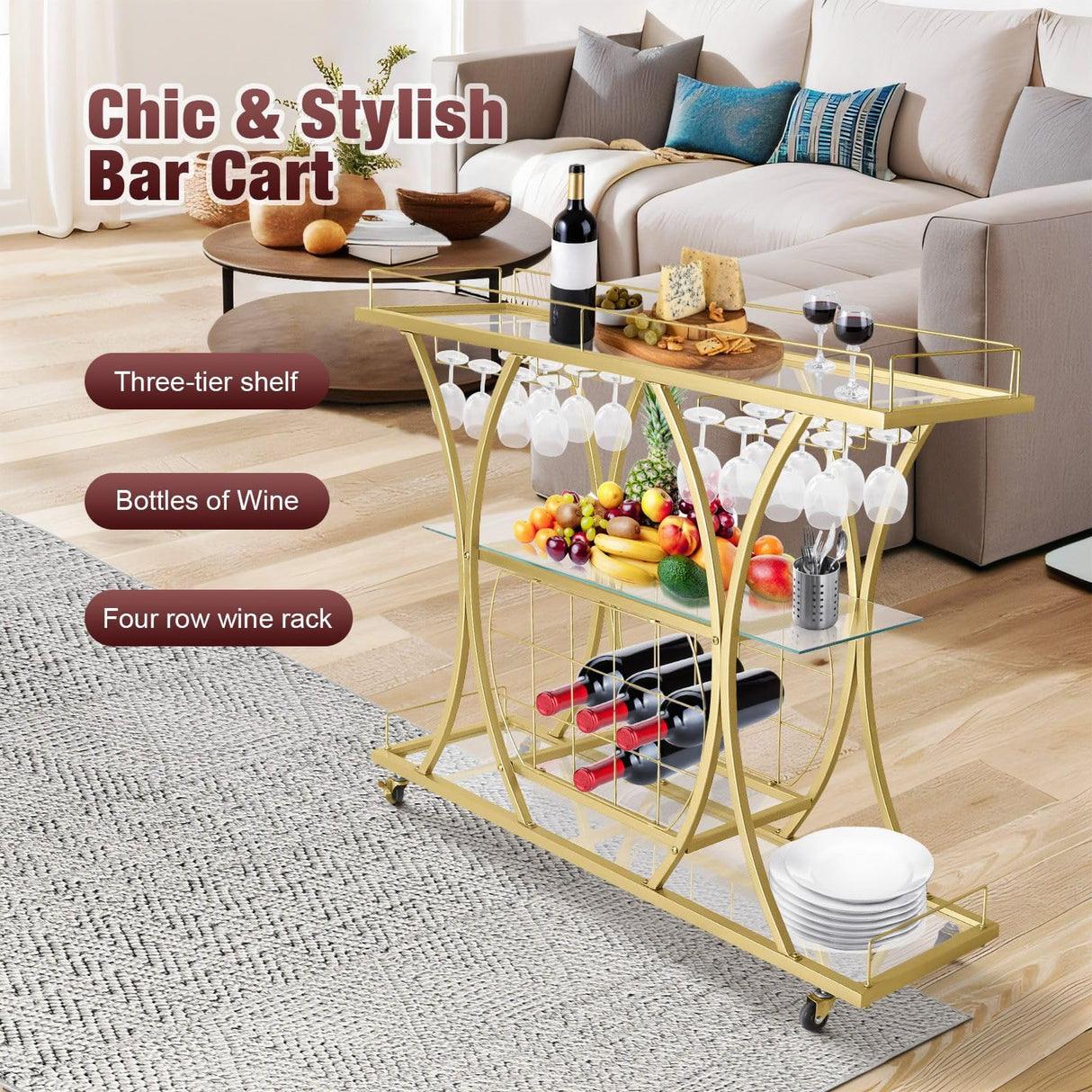 Bar Cart 3 Tiers Home Bar Serving Cart Drinks Wine Kitchen Serving Cart with 3 Mirror Glass Shelves & Wine Rack,Stemware Holder Gold