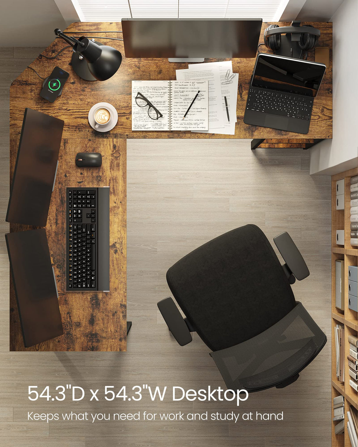 L-Shaped Computer Desk, Corner Desk, 54-Inch Writing Study Workstation, Rustic Brown and Black ULWD72X