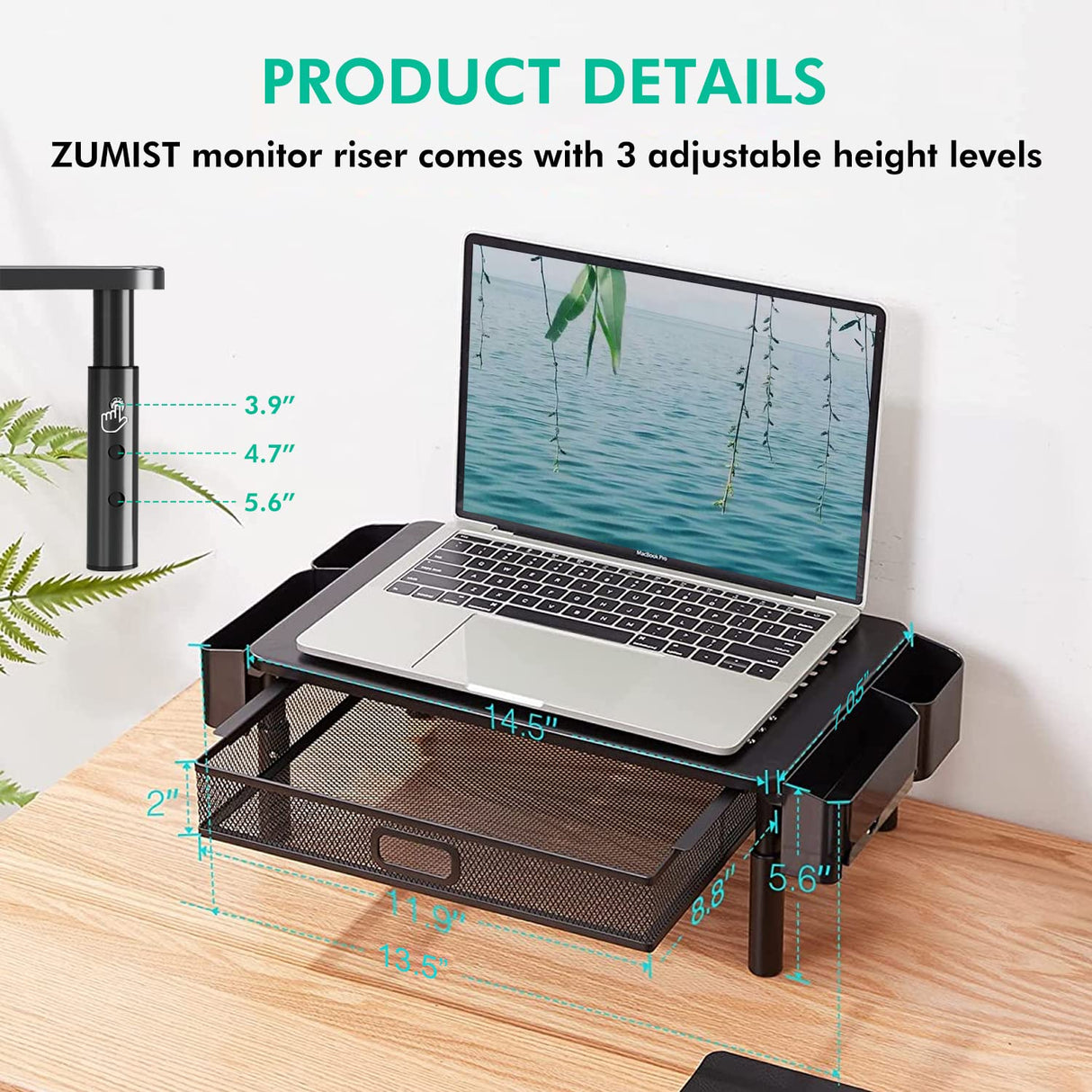 Monitor Stand Riser Drawer, Computer Monitor Stand Desktop Organizer, Height Adjustable Desk Shelf Stand, Desk Accessories with Phone Holder & Pen Holder Metal for Office,Printer/PC/Tablet/Laptop