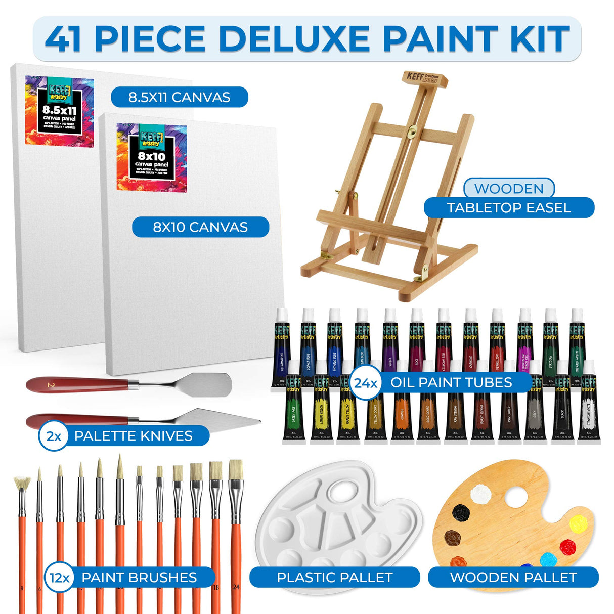 Oil Paint Set for Adults and Kids - Oil Painting Art Kits Supplies with Oil Based Paints, Stretched Canvas, Table Easel, Brushes, Palette, Knives and Paper Pad