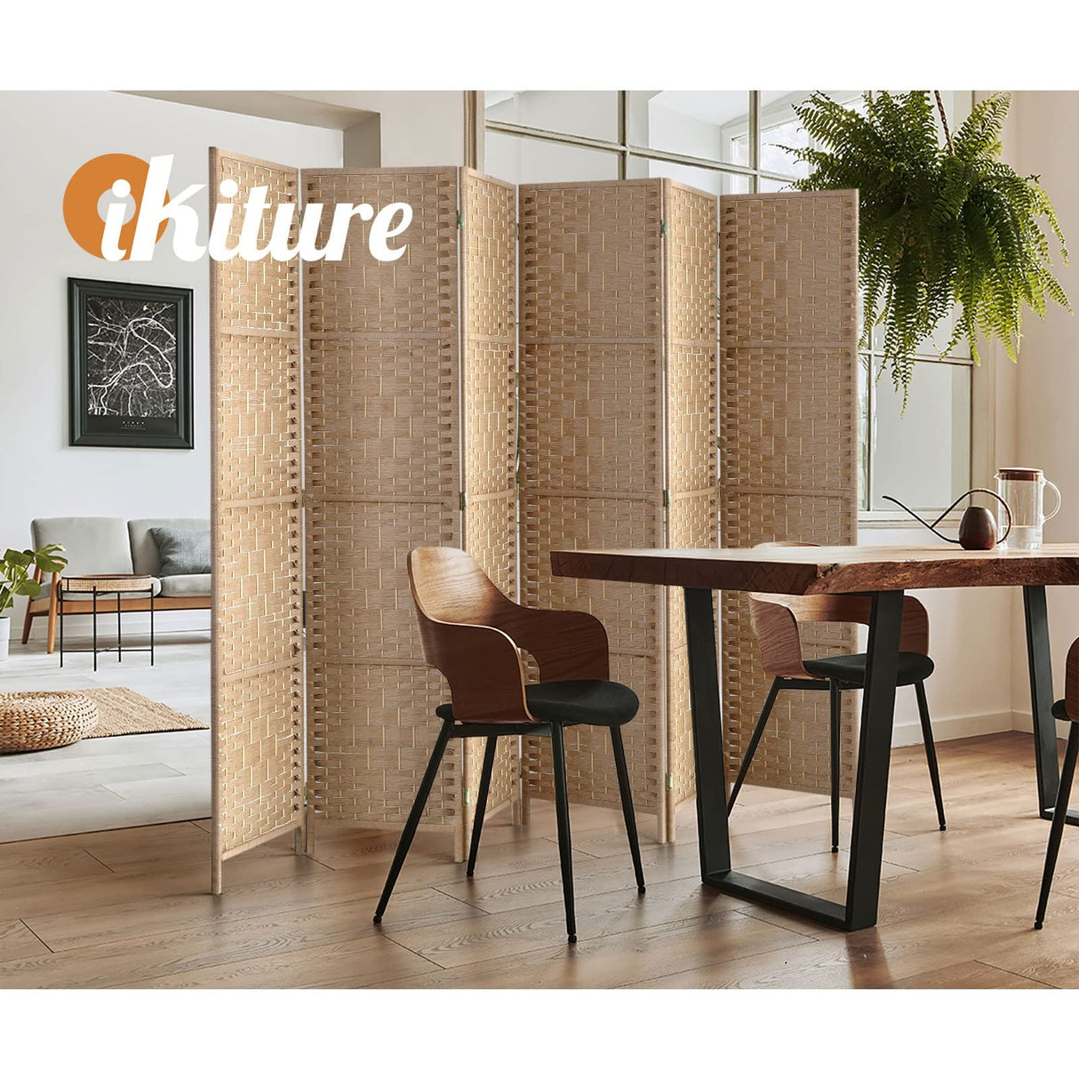 6 Panels Room Divider - Folding Privacy Screen 170CM Height, Portable Hand-Woven Rattan Panel Partition, Wood