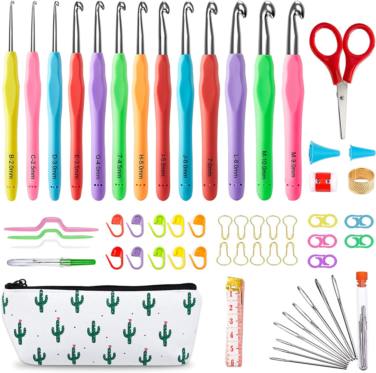 73 Pack Crochet Hooks Set, 13 PCS 2mm(B)-10mm(N) Ergonomic Soft Grip Crochet Handles Yarn Knitting Needles Kit with Case for Arthritic Hand, Inscraft Crochet Starter Kit for Beginners and Lovers